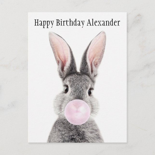 Postal Personaliza conejo gris soplando chicle rosa (Anverso)