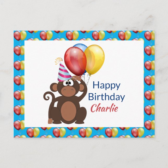 Postal Personaliza el mono y globos de cumpleaños feliz (Anverso)