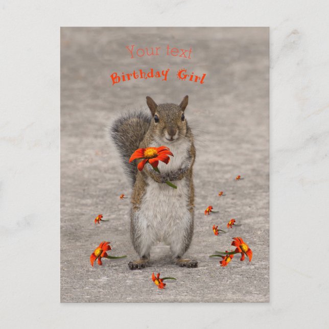 Postal Personaliza Squirrel con flor para Cumpleañera (Anverso)