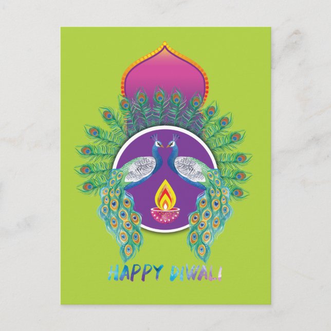 Postal 😍 Personalizable Feliz Diwali con pavos reales (Anverso)