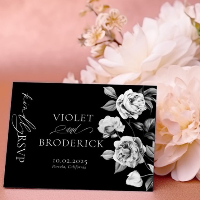 Postal Personalizable floral blanco y negro RSVP (Subido por el creador)