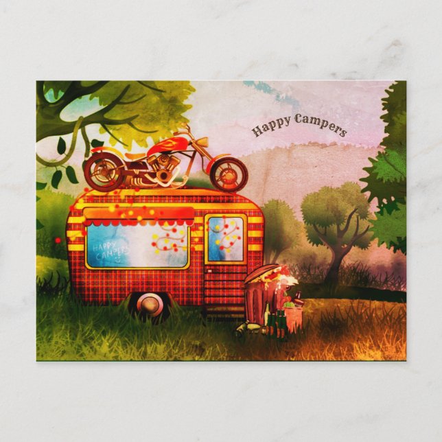 Postal Personalizable Retro Happy Campers Trailer Trash (Anverso)