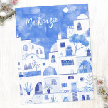 Postal Personalización de la acuarela de Santorini Grecia<br><div class="desc">Un cuadro acuático moderno de la isla griega de Santorini. Arte original de Nic Squirrell. Cambie el nombre a personalizar.</div>