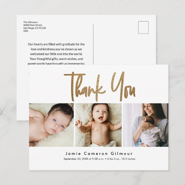 Postal Personalizado 3 Bebés Fotos de oro Nacimiento de g (Anverso / Reverso)