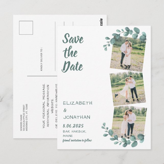 Postal Personalizado 3 Foto Eucalyptus Wedding Save The D (Anverso / Reverso)