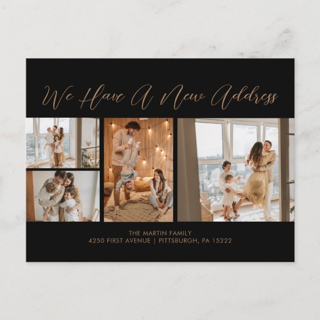 Postal Personalizado 4 Fotos Oro Black Casual Script Movi (Anverso)