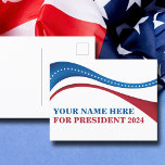 Postal Personalizado añada su propio candidato a la presi<br><div class="desc">Personalizar tus propias postales de campaña política agregando tu propio nombre u otro político bajo esta artística bandera norteamericana en rojo,  blanco y azul. Agregar un nombre personalizado para presidente en 2024.</div>