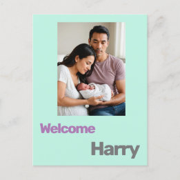 Postal personalizado anuncio de nacimiento azul morado mo