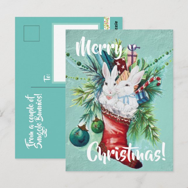 Postal Personalizado Conejo Conejo Xmas Balanceante Parej (Anverso / Reverso)