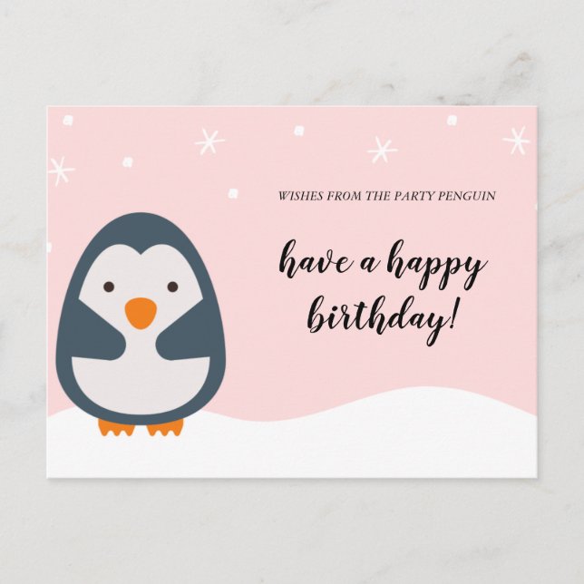 Postal Personalizado - Cumpleaños Pingüino Ilustrado Rosa (Anverso)