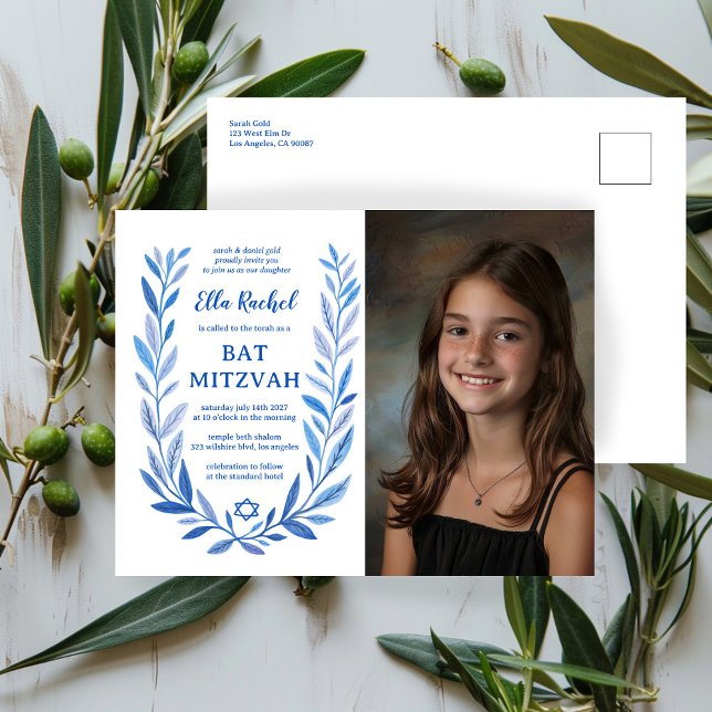 Postal Personalizado de acuarela botánica FOTO Bat Bar Mi (Botanical Watercolor CUSTOM PHOTO Bat Bar Mitzvah Postcard Invitation
)