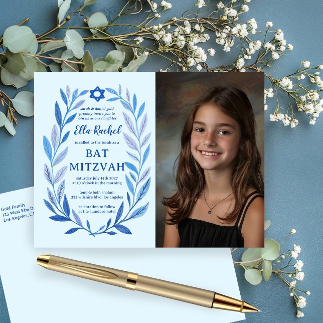 Postal Personalizado de acuarela botánica FOTO Bat Bar Mi (Botanical Watercolor CUSTOM PHOTO Bat Bar Mitzvah Invitation Postcard
)
