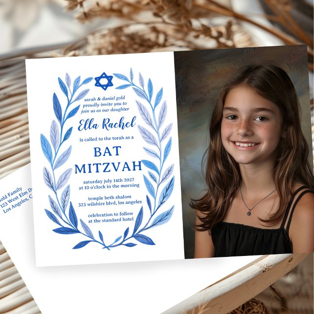 Postal Personalizado de acuarela botánica FOTO Bat Bar Mi (Botanical Watercolor CUSTOM PHOTO Bat Bar Mitzvah Postcard
)