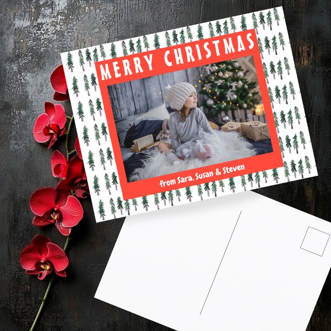 Postal Personalizado de acuarela de pinos forestales vaca (Forest Pine Trees Watercolor CUSTOM PHOTO Holiday Christmas Postcard
)