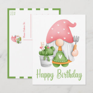 Postal Personalizado de acuarela verde rosado Gnome cumpl