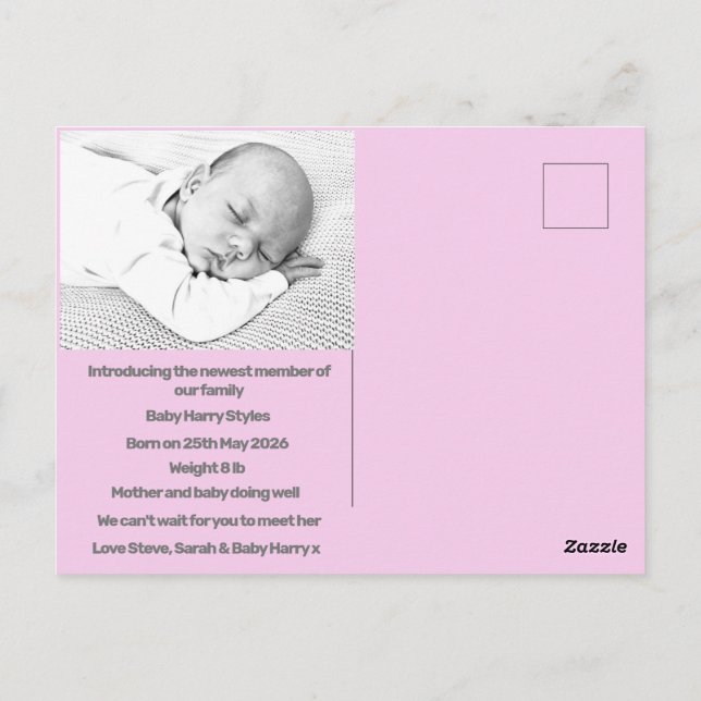 Postal personalizado de anuncio de nacimiento de chica de (Reverso)