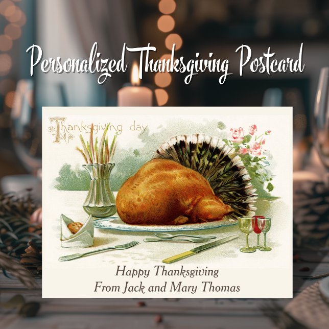 Postal Personalizado de cena de Turquía en el Día de Acci (Vintage Thanksgiving Day Turkey Dinner Custom Postcard. Just add your names!)