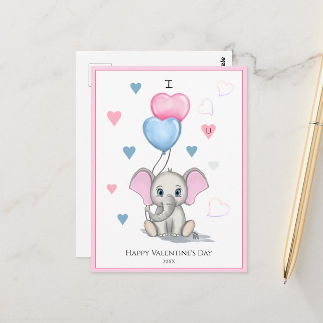 Postal Personalizado de elefante lindo | San Valentín per (Anverso/Reverso In Situ)