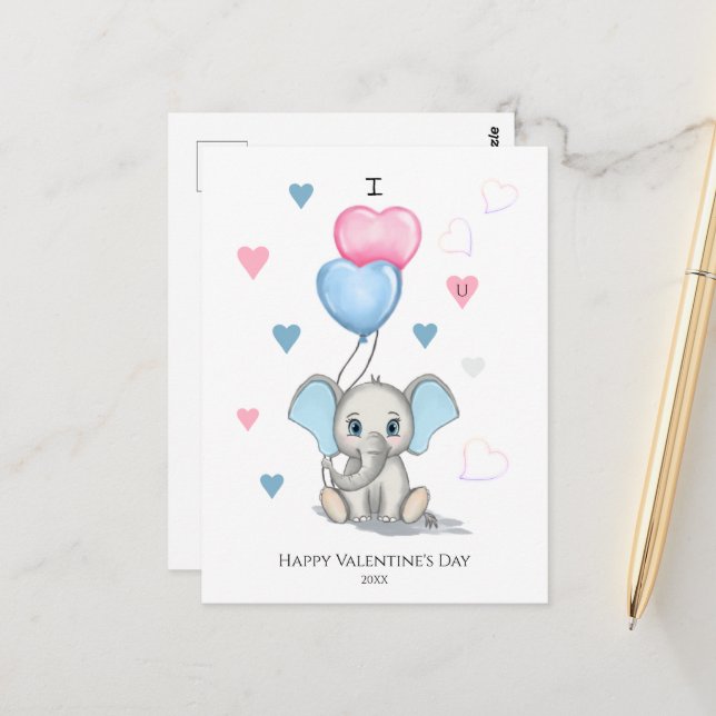 Postal Personalizado de elefante lindo | San Valentín per (Anverso/Reverso In Situ)