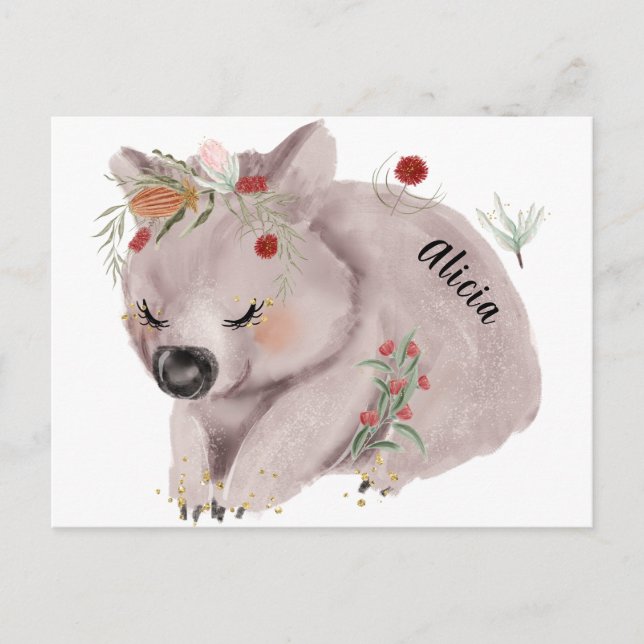Postal Personalizado de Especkle de Oro Cute Baby Wombat (Anverso)