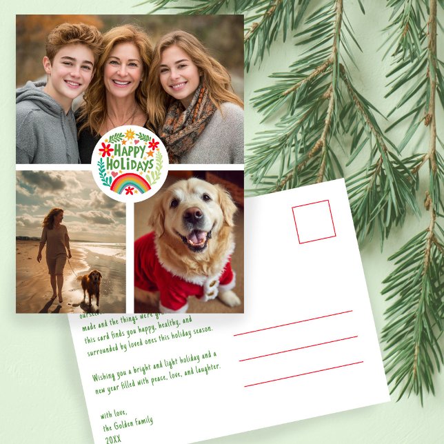 Postal Personalizado de feriado lindo dibujado a mano en  (Rainbow Hand-Drawn Cute Holiday CUSTOM 3 PHOTO Christmas Postcard
)