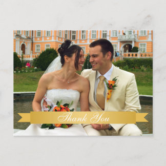 Postal Personalizado de fotos de boda de la cinta dorada 