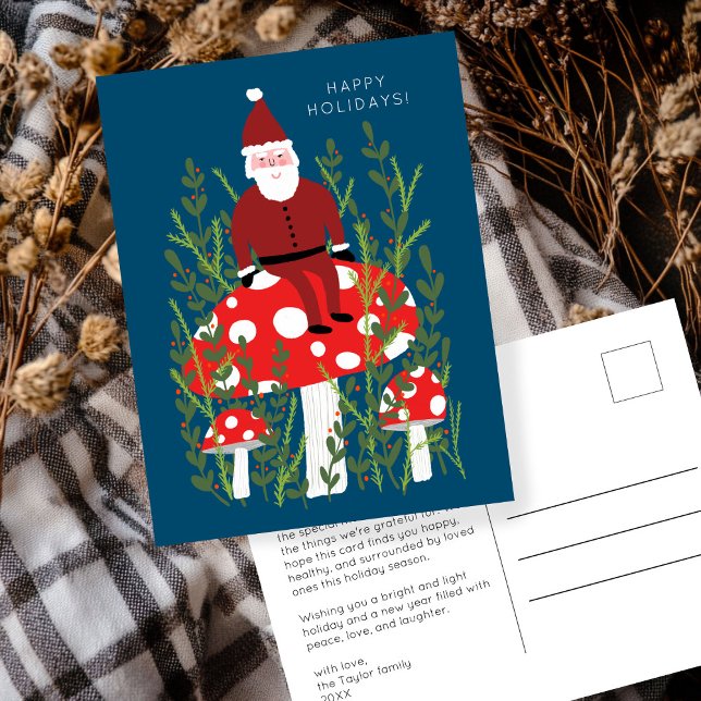 Postal Personalizado de hongos mágicos de Santa Claus (Cute Santa Claus Magical Mushrooms CUSTOM Happy Holidays Art Postcard
)