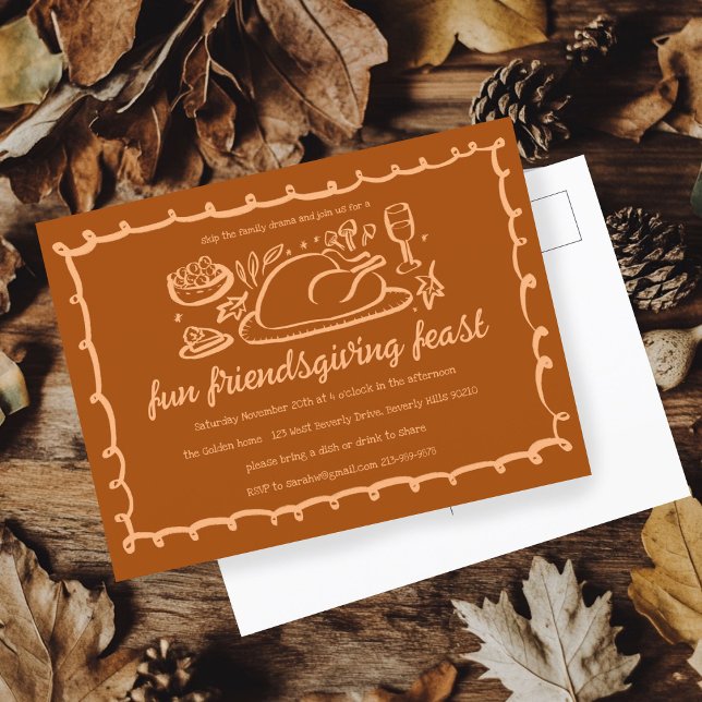 Postal Personalizado de la cena de Thimsical Thankending  (Whimsical Thanksgiving Friendsgiving Dinner Custom Postcard
)