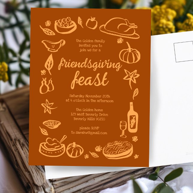 Postal Personalizado de la cena de Thimsical Thankending  (Whimsical Thanksgiving Friendsgiving Dinner Custom Postcard
)