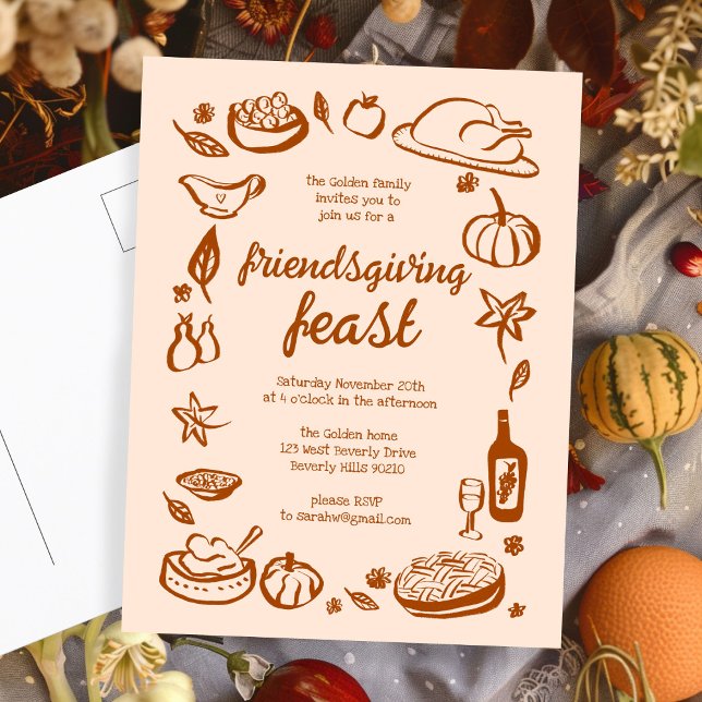 Postal Personalizado de la cena de Thimsical Thankending  (Whimsical Thanksgiving Friendsgiving Dinner Custom Postcard
)
