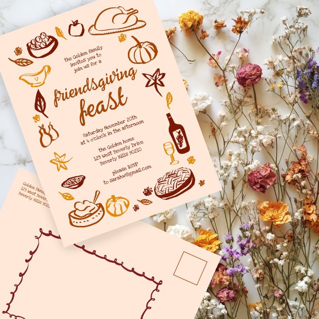 Postal Personalizado de la cena de Thimsical Thankending  (Whimsical Thanksgiving Friendsgiving Dinner Custom Party Invitation Postcard
)