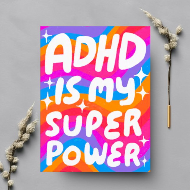 Postal PERSONALIZADO de las letras de burbujas del ADHD S (ADHD is my superpower handlettered bold colorful rainbow postcard)