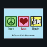 Postal Personalizado de música Peace Love<br><div class="desc">Hermosa postal musical para una escuela de música con un signo de paz,  corazón,  y un trébol y personal musical. regalo de Navidad de Guay PEACE LOVE MUSIC para un compositor,  director de banda o director de coro.</div>