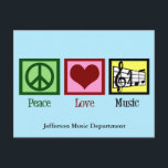 Postal Personalizado de música Peace Love<br><div class="desc">Hermosa postal musical para una escuela de música con un signo de paz, corazón, y un trébol y personal musical. regalo de Navidad de Guay PEACE LOVE MUSIC para un compositor, director de banda o director de coro.</div>