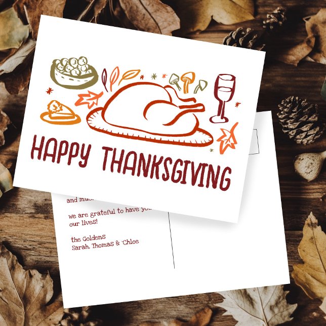 Postal Personalizado del Día de Acción de Gracias Feliz (Whimsical Happy Thanksgiving Friendsgiving Custom Postcard
)
