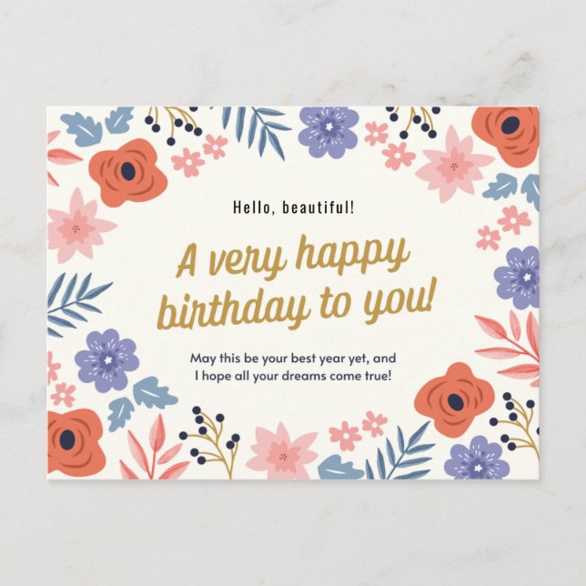Postal Personalizado - Delicado cumpleaños floral (Anverso)
