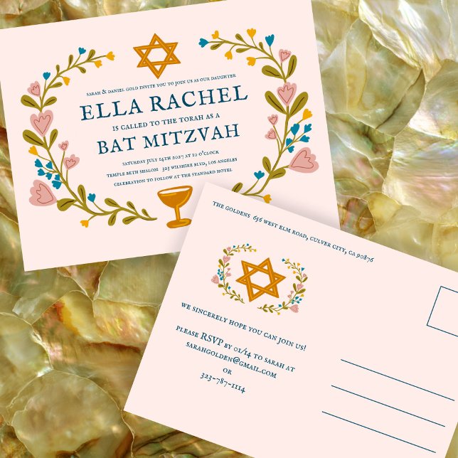Postal Personalizado dibujado a mano por Floral Wreath Ba (Floral Wreath Bat Mitzvah Invitation Hand-drawn Custom Postcard
)