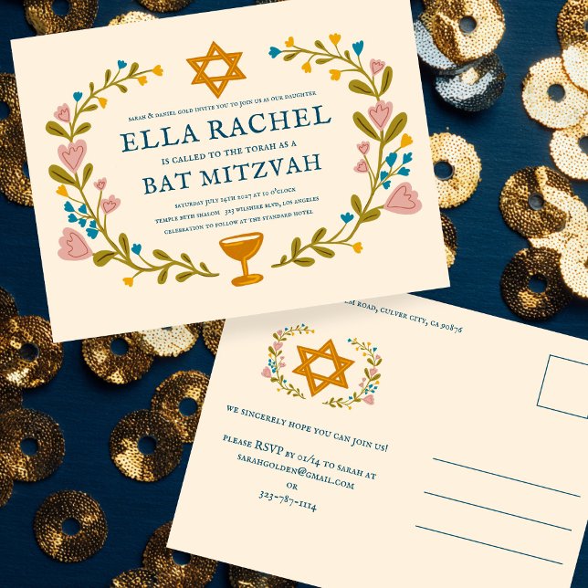 Postal Personalizado dibujado a mano por Floral Wreath Ba (Floral Wreath Bat Mitzvah Hand-drawn Custom Postcard Invitation
)