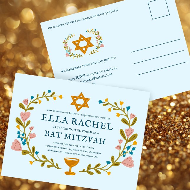 Postal Personalizado dibujado a mano por Floral Wreath Ba (Floral Wreath Bat Mitzvah Hand-drawn Custom Postcard Invitation
)