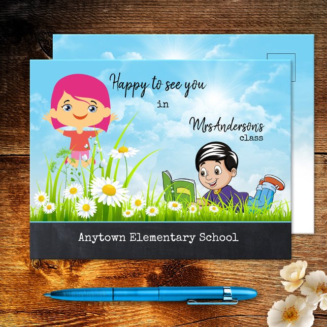 Postal Personalizado educado bienvenido de vuelta a la po (A cheerful postcard featuring a cartoon design with happy children, eager to go back to school.)