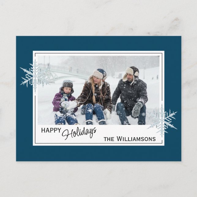 Postal Personalizado Faux Silver Snowflakes On Dark Blue (Anverso)