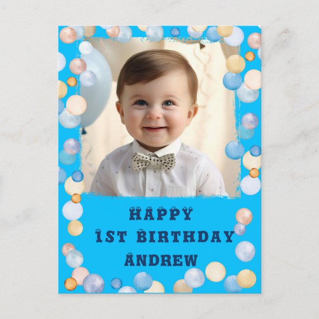 Postal Personalizado Feliz Primer Cumpleaños con Foto (Anverso)