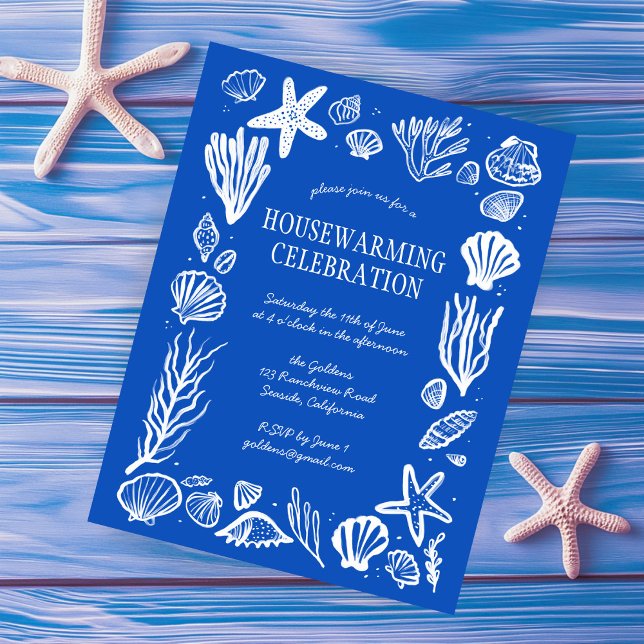 Postal Personalizado   FIESTA DE CALENTAMIENTO (Blue Seashells Custom HOUSEWARMING PARTY Postcard
)