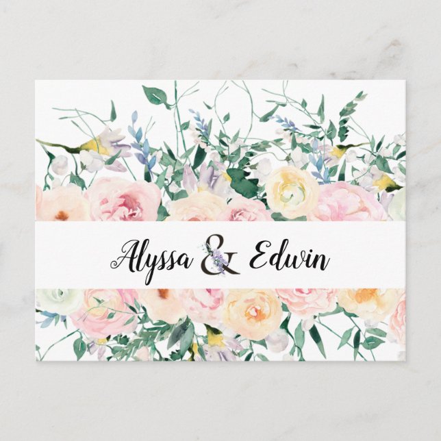 Postal Personalizado Floral Bride Groom Names Save the Da (Anverso)
