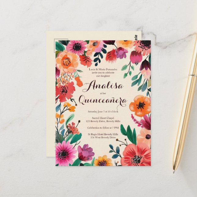 Postal Personalizado Floral Quinceañera (Anverso/Reverso In Situ)