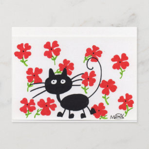 Postal Personalizado Gato negro y flores rojas