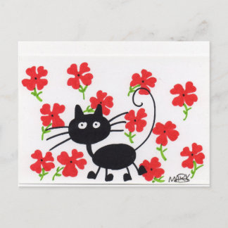Postal Personalizado Gato negro y flores rojas