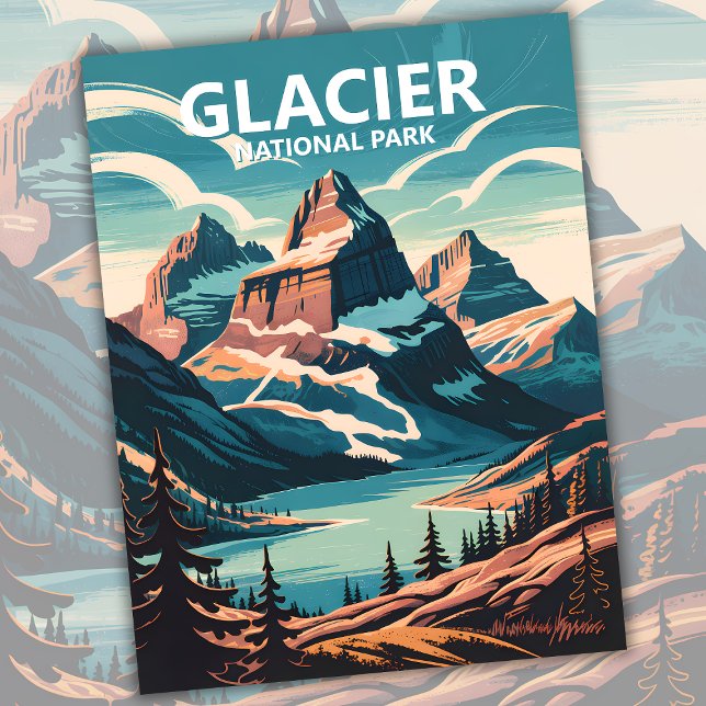 Postal Personalizado Glacier Parque Nacional Lago Retro W (Custom Glacier National Park Lake Retro WPA Travel Postcard)