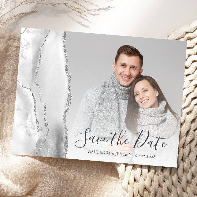 Postal Personalizado Gray Silver Agate Foto Guardar fecha (Subido por el creador)