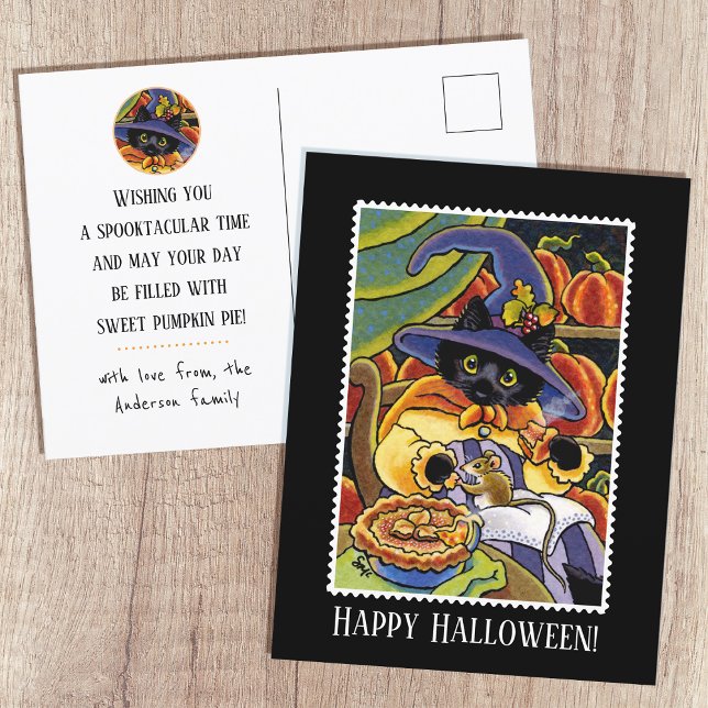 Postal Personalizado Halloween Pie Witch Black Cat Mouse (Subido por el creador)